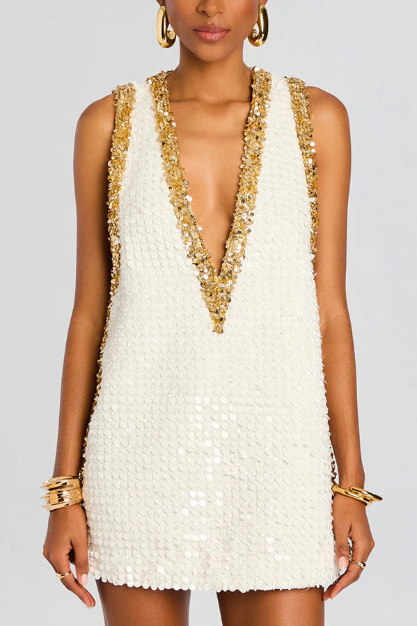 Sequin cocktail dresses for women with plunge V-neck and sleeveless mini length