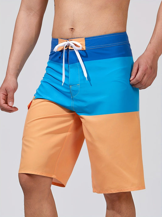 Knee-length board shorts for men with drawstring waist and flap cargo pocket