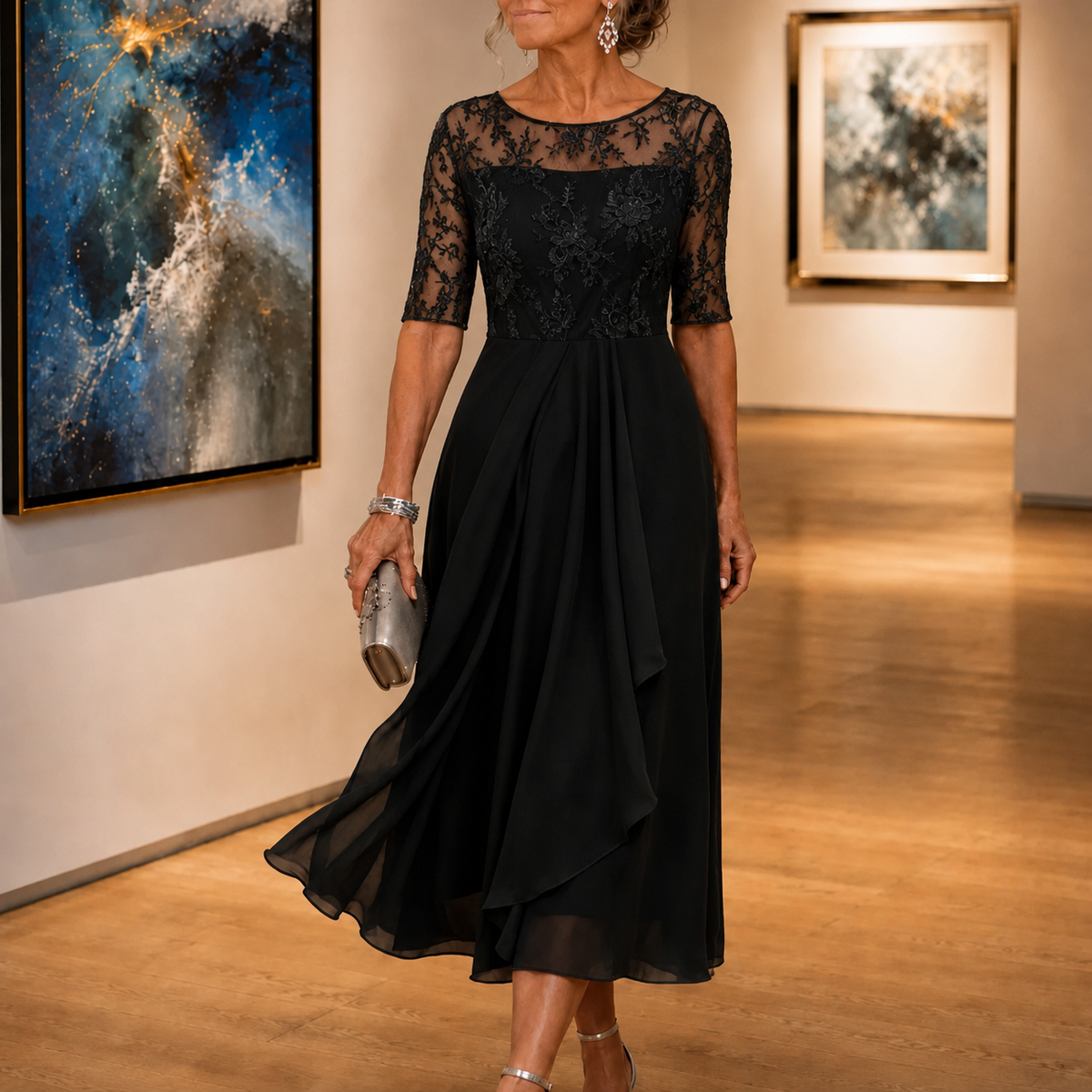 Wedding guest dress for women with lace bodice and 3/4 sleeves