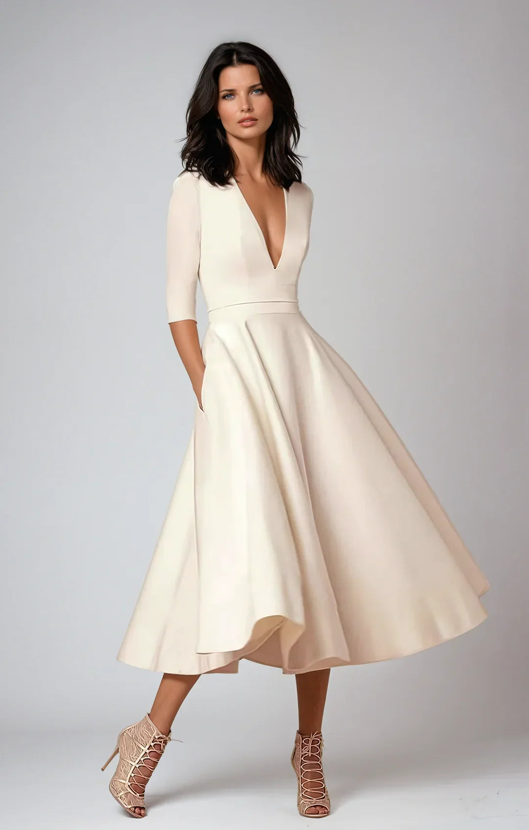 A-line midi dress with deep v-neck and 3/4 sleeves for women