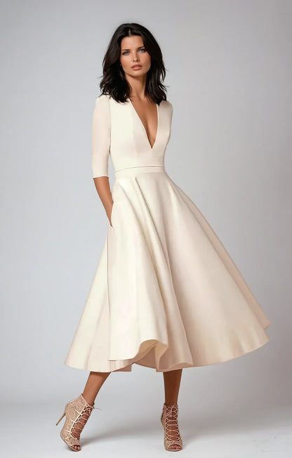 A-line midi dress with deep v-neck and 3/4 sleeves for women