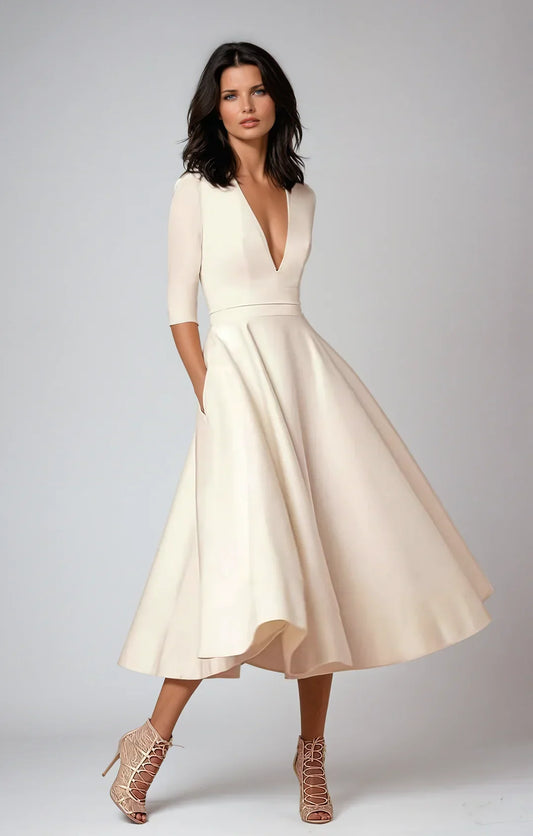 A-line midi dress with deep v-neck and 3/4 sleeves for women