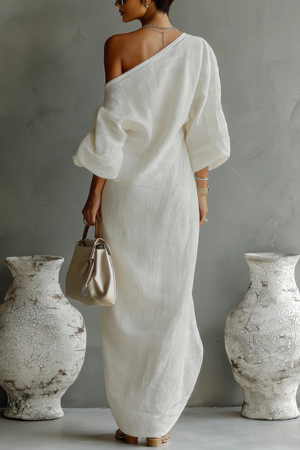 One shoulder maxi dresses for women with lantern sleeves and pockets