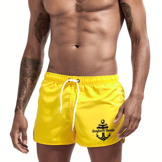 Board shorts for men with drawstring waist and anchor print