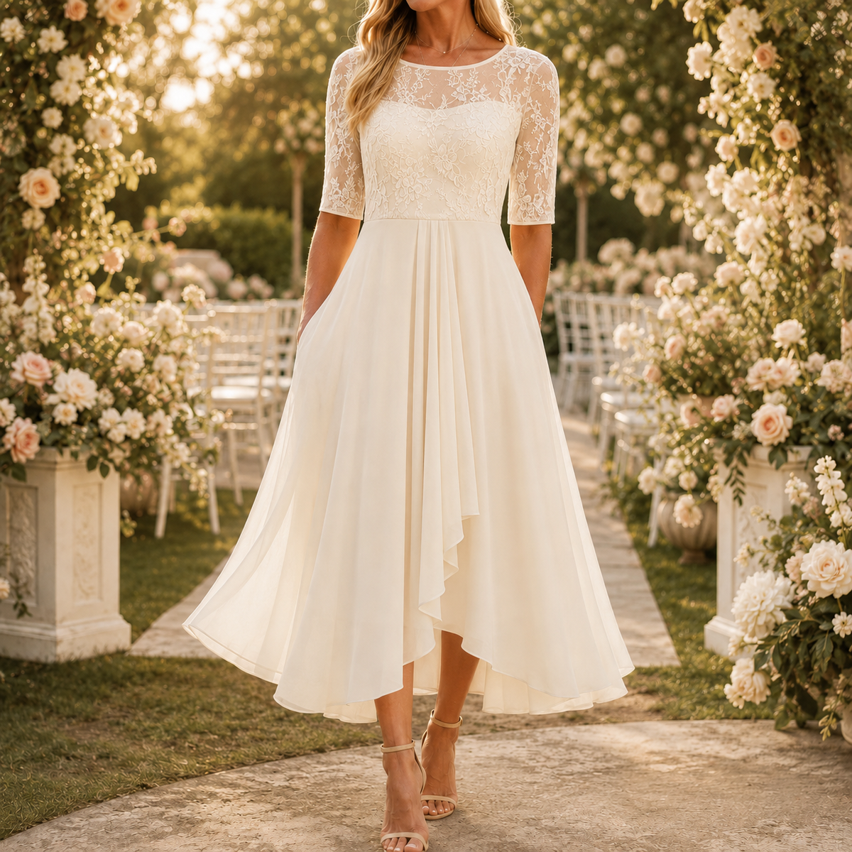 Wedding guest dress for women with lace bodice and 3/4 sleeves