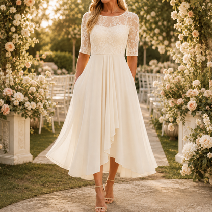 Wedding guest dress for women with lace bodice and 3/4 sleeves
