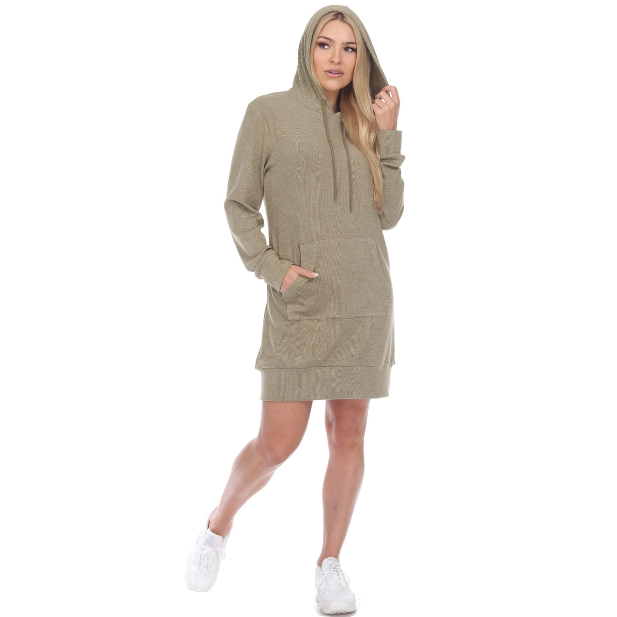 Hooded mini dress for women with long sleeves and front pocket