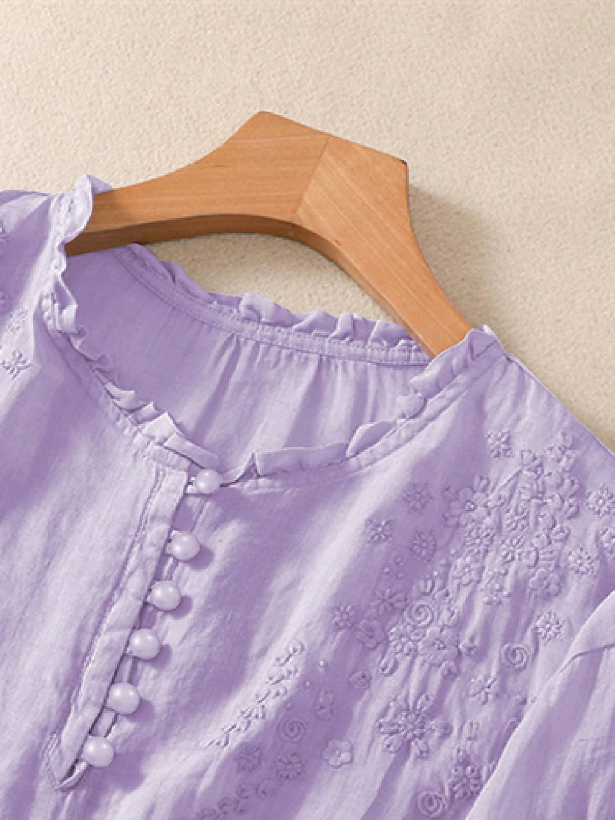 Embroidered blouse for women with ruffle neckline and half sleeves