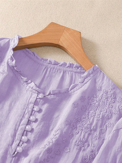 Embroidered blouse for women with ruffle neckline and half sleeves