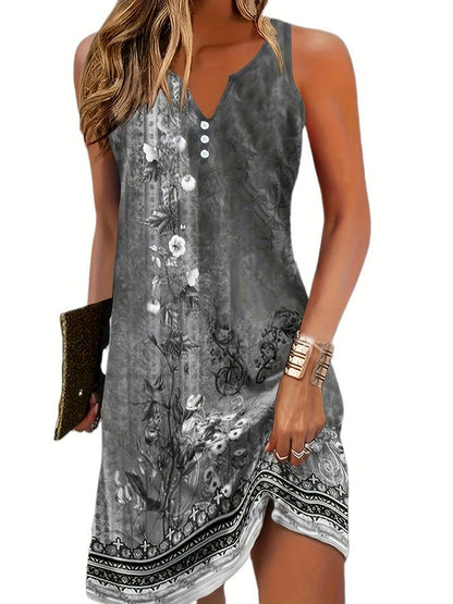 Sleeveless mini dress for women with notch neck and button placket