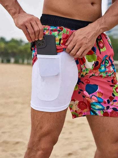 Board shorts for men with compression liner and drawstring waist