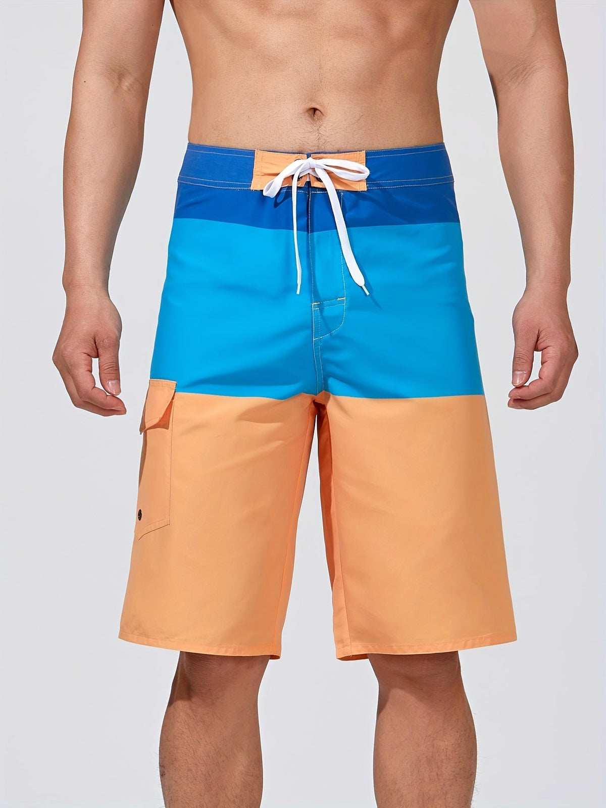 Knee-length board shorts for men with drawstring waist and flap cargo pocket