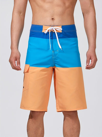 Knee-length board shorts for men with drawstring waist and flap cargo pocket