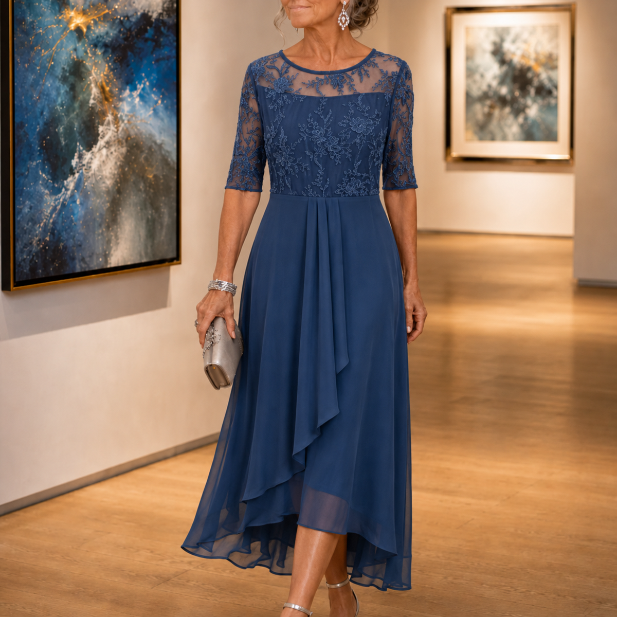 Wedding guest dress for women with lace bodice and 3/4 sleeves