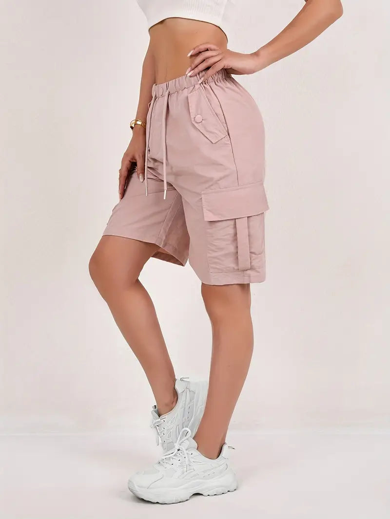 Womens shorts with cargo pockets, drawstring and elastic waist