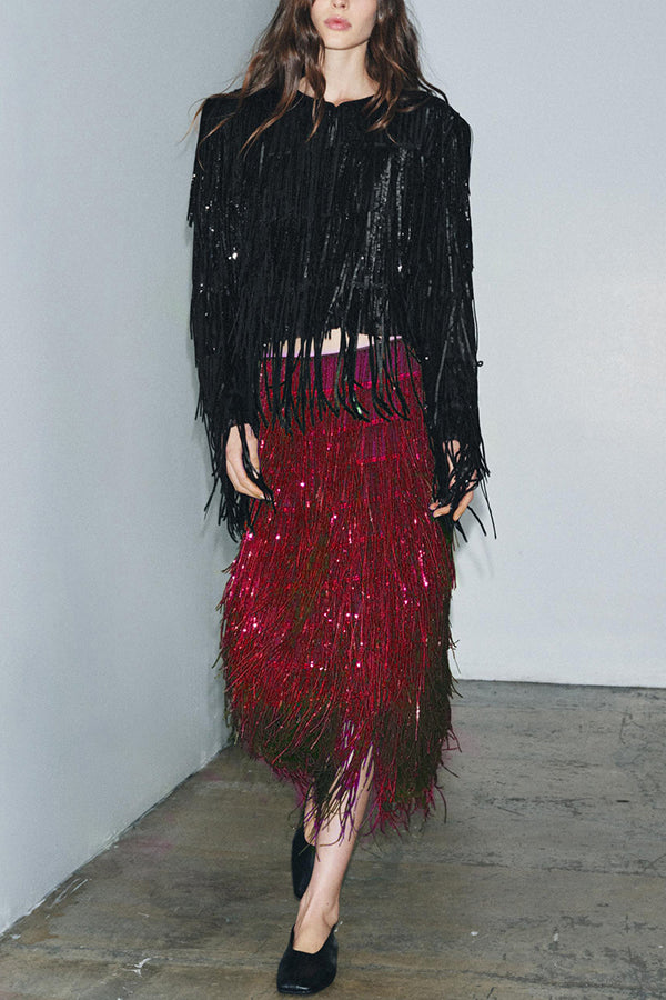 High waist layered sequin fringe midi skirt for women
