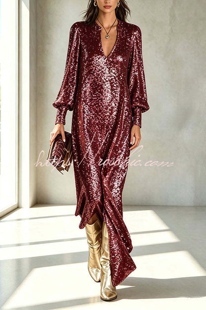 Sequin cocktail dresses for women with V-neck and balloon sleeves