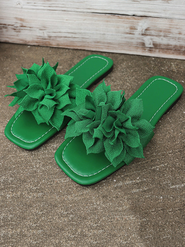 Women sandals with flower detail, open toe flat slides