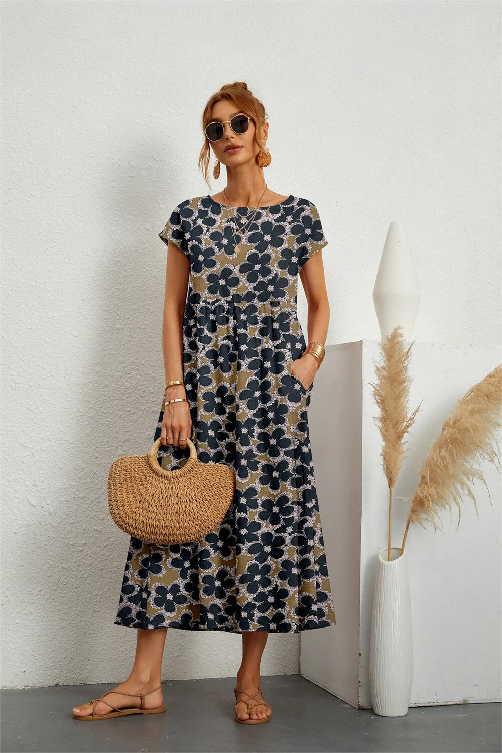 Summer dresses for women, printed midi dress with short sleeves