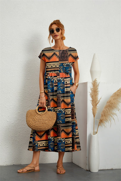 Summer dresses for women, printed midi dress with short sleeves