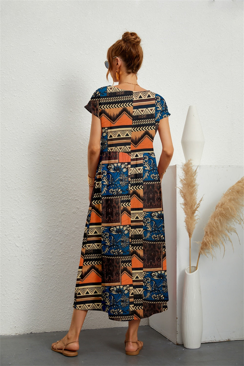Summer dresses for women, printed midi dress with short sleeves