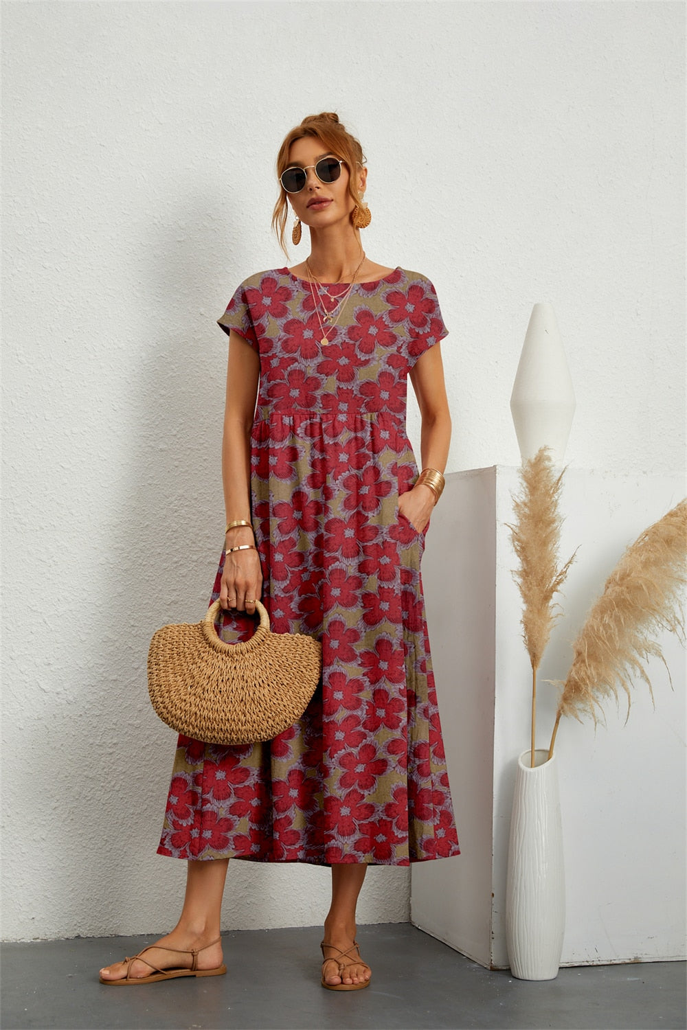 Summer dresses for women, printed midi dress with short sleeves