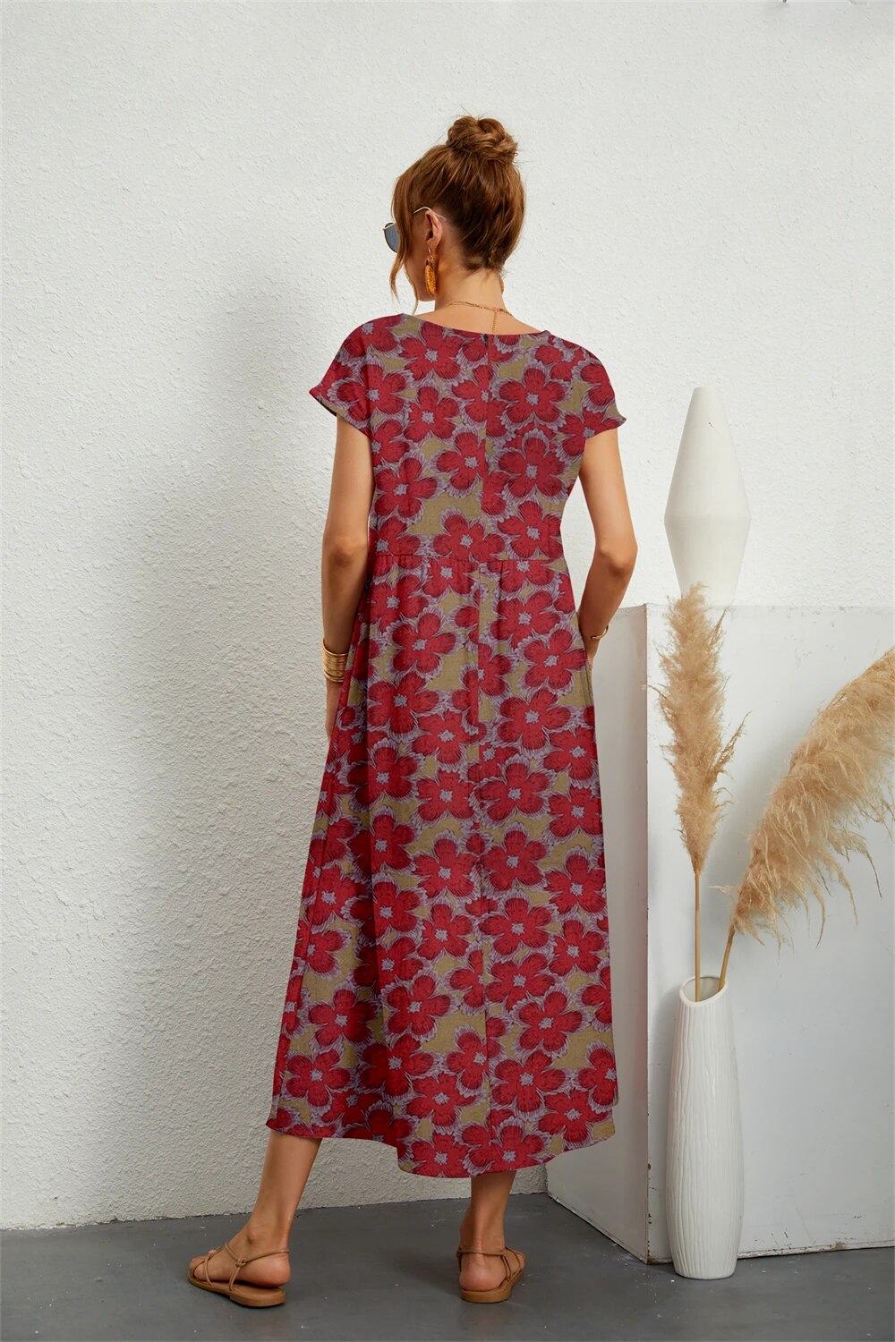 Summer dresses for women, printed midi dress with short sleeves