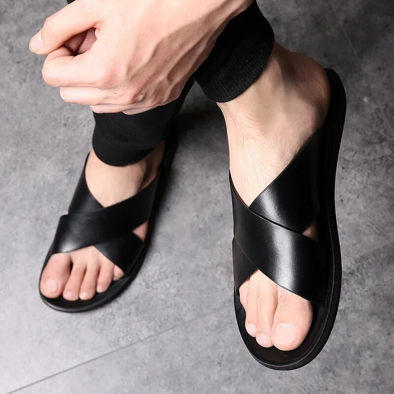 Men sandals with cross strap slip on design and non slip sole