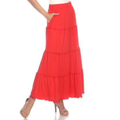 Tiered maxi skirt for women with ruffled hem, A-line fit and side pockets