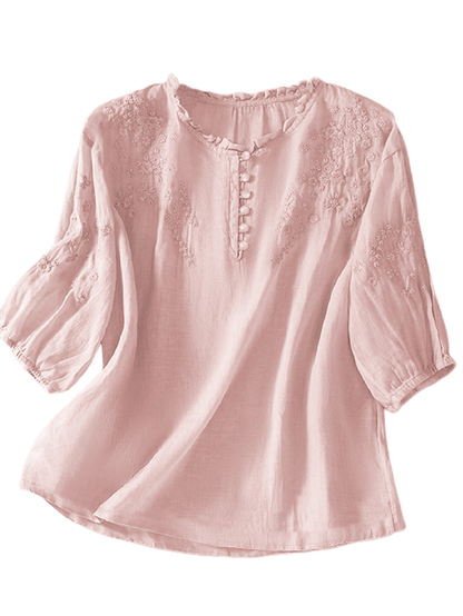 Embroidered blouse for women with ruffle neckline and half sleeves