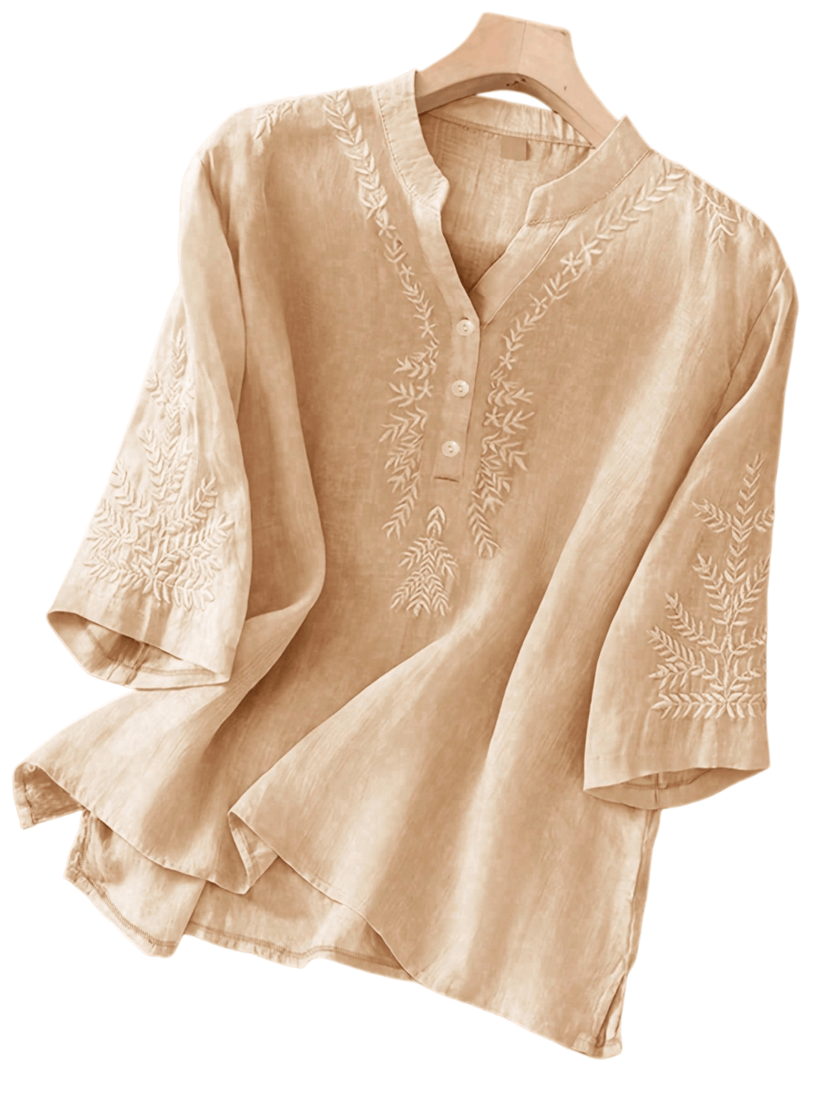 Blouse with embroidered V-neck and half sleeves for women
