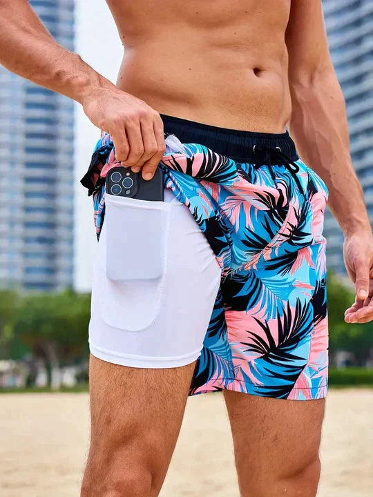 Board shorts for men with compression liner and drawstring waist