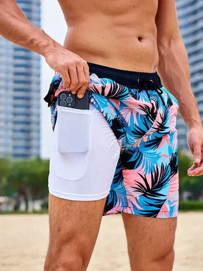 Board shorts for men with compression liner and drawstring waist