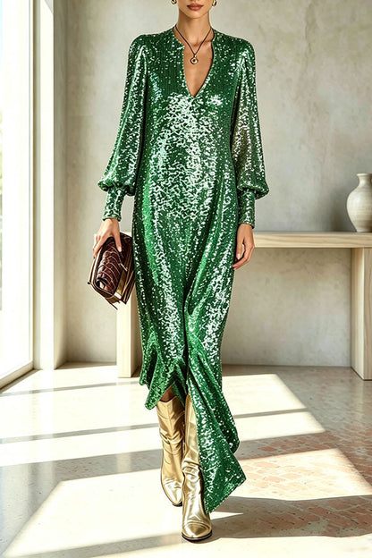 Sequin cocktail dresses for women with V-neck and balloon sleeves