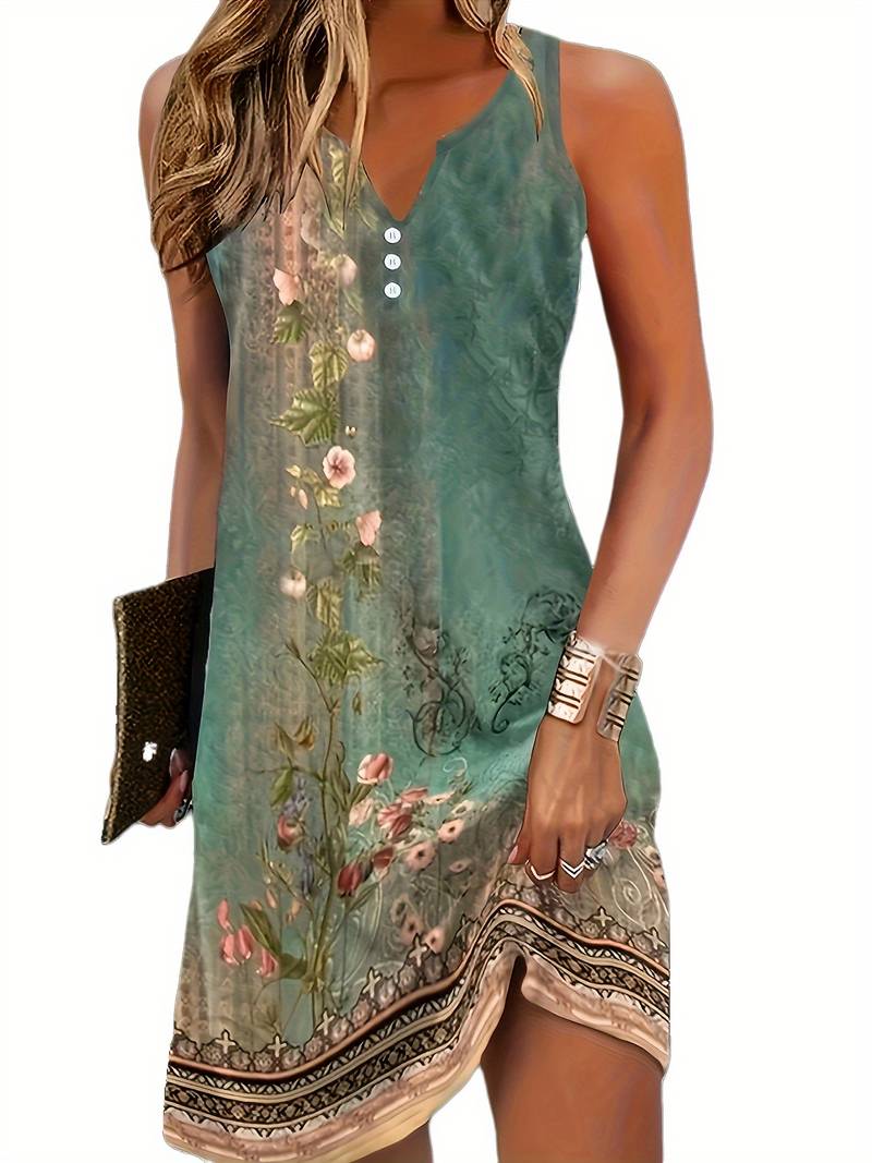 Sleeveless mini dress for women with notch neck and button placket