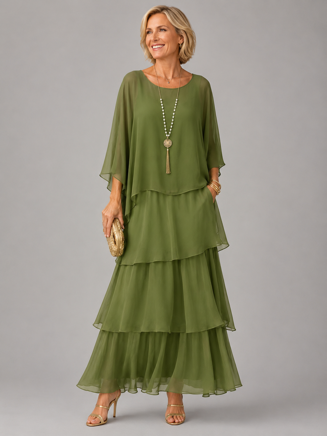 Wedding guest dress tiered maxi with cape sleeves for women