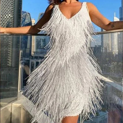 Cocktail dresses for women, V-neck fringe mini dress