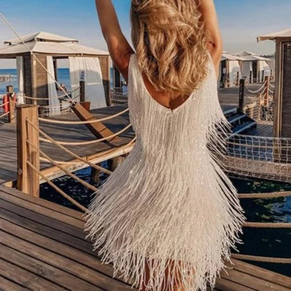 Cocktail dresses for women, V-neck fringe mini dress
