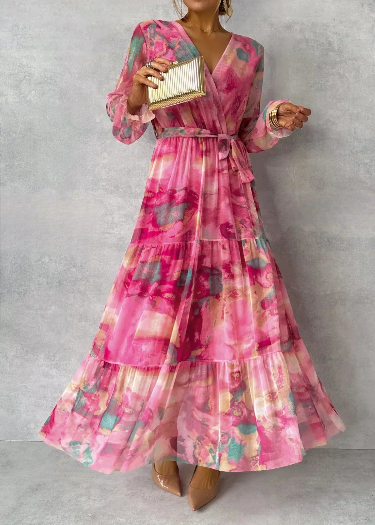 Wrap maxi dresses for women with long sleeves and tie waist