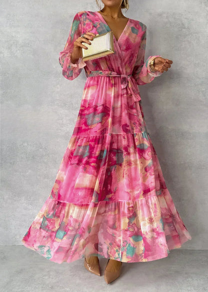 Wrap maxi dresses for women with long sleeves and tie waist