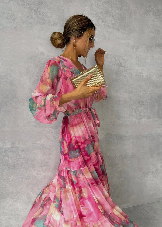 Wrap maxi dresses for women with long sleeves and tie waist