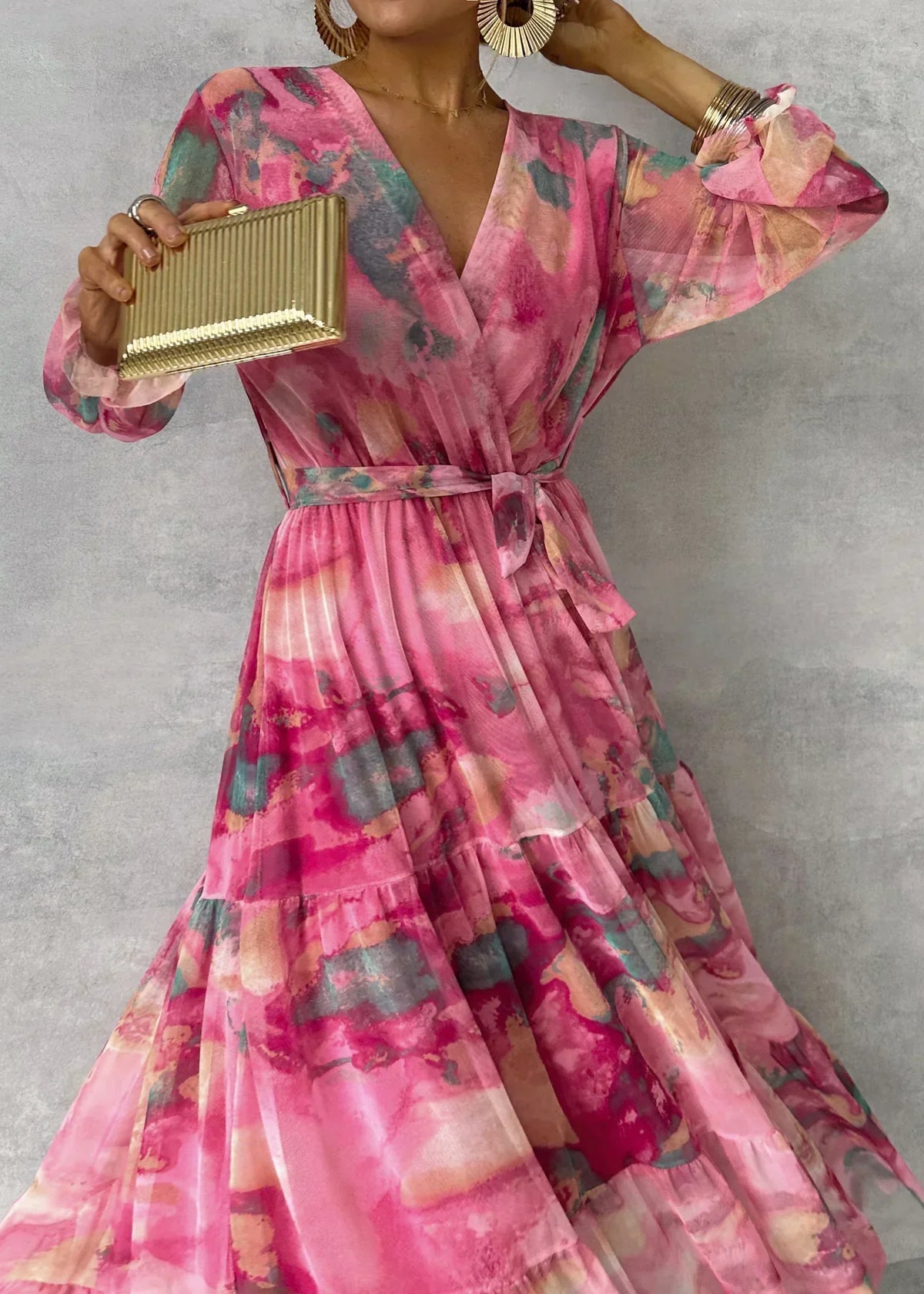 Wrap maxi dresses for women with long sleeves and tie waist