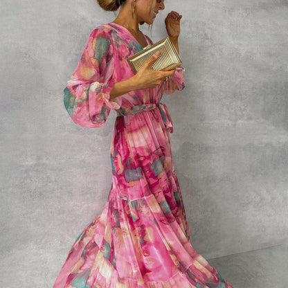Wrap maxi dresses for women with long sleeves and tie waist