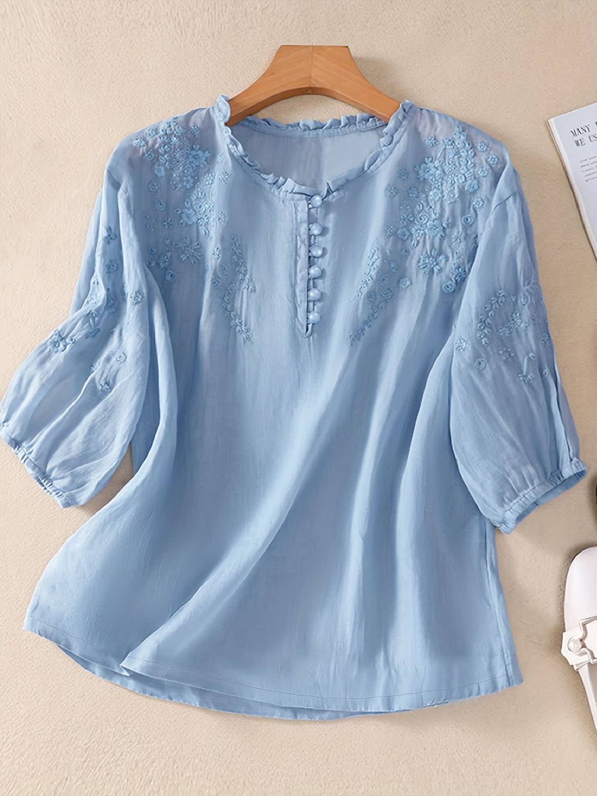 Embroidered blouse for women with ruffle neckline and half sleeves