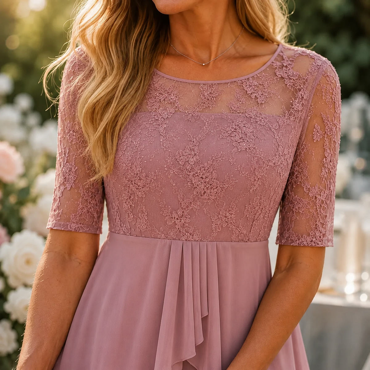 Wedding guest dress for women with lace bodice and 3/4 sleeves