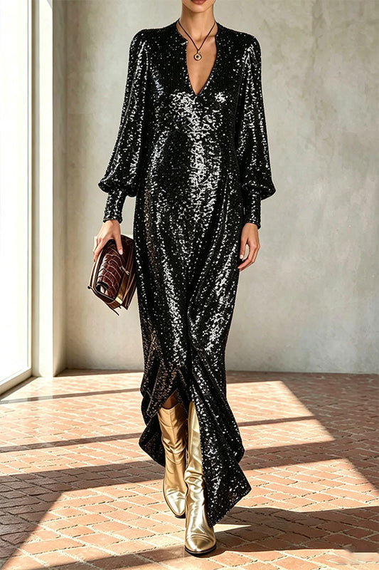 Sequin cocktail dresses for women with V-neck and balloon sleeves