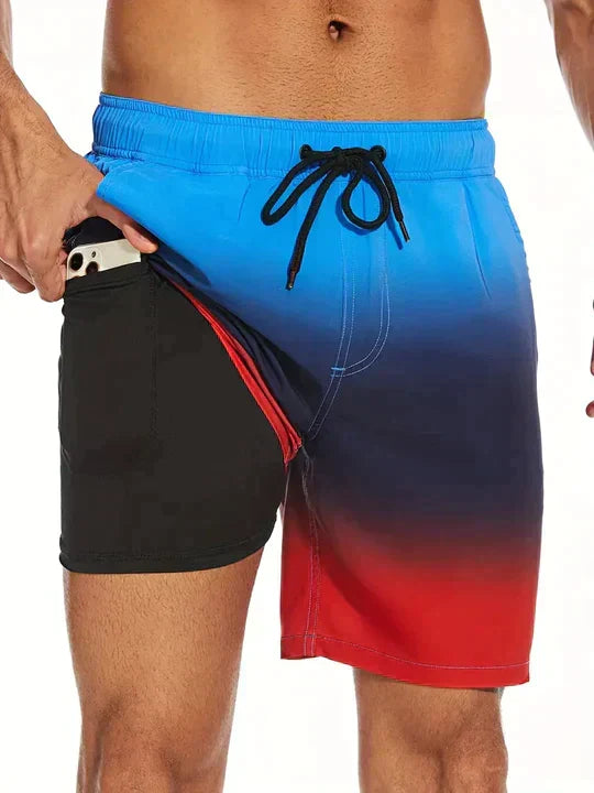 Board shorts for men with compression liner and drawstring waist
