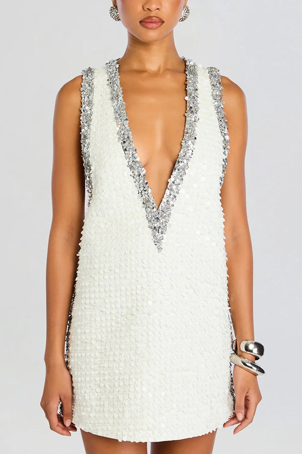 Sequin cocktail dresses for women with plunge V-neck and sleeveless mini length