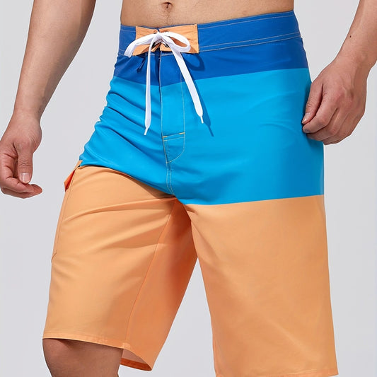 Knee-length board shorts for men with drawstring waist and flap cargo pocket