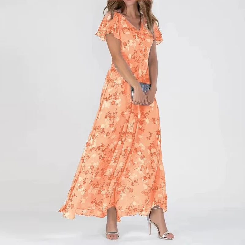 Floral summer dresses for women with V-neck and flutter sleeves